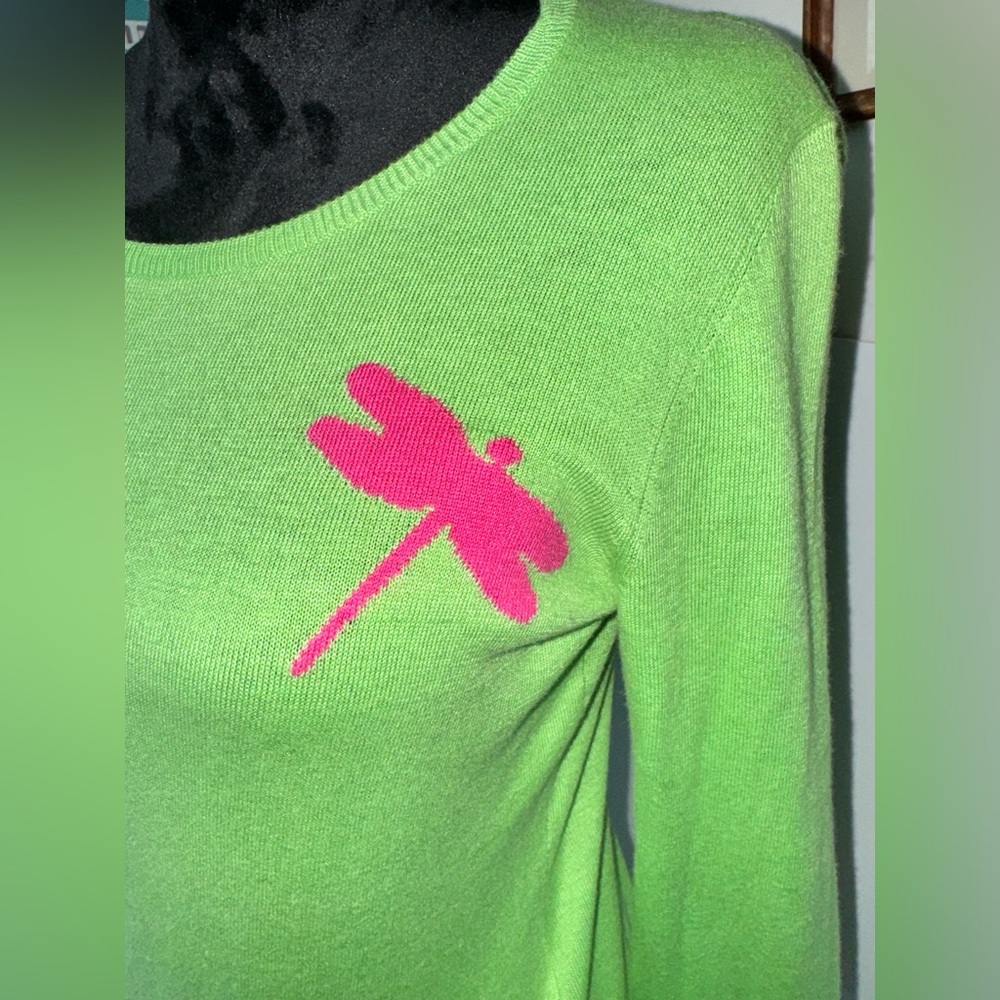 Old Navy Green Cotton Pink Dragonfly Neck Sweater Sz S - Picture 2 of 6